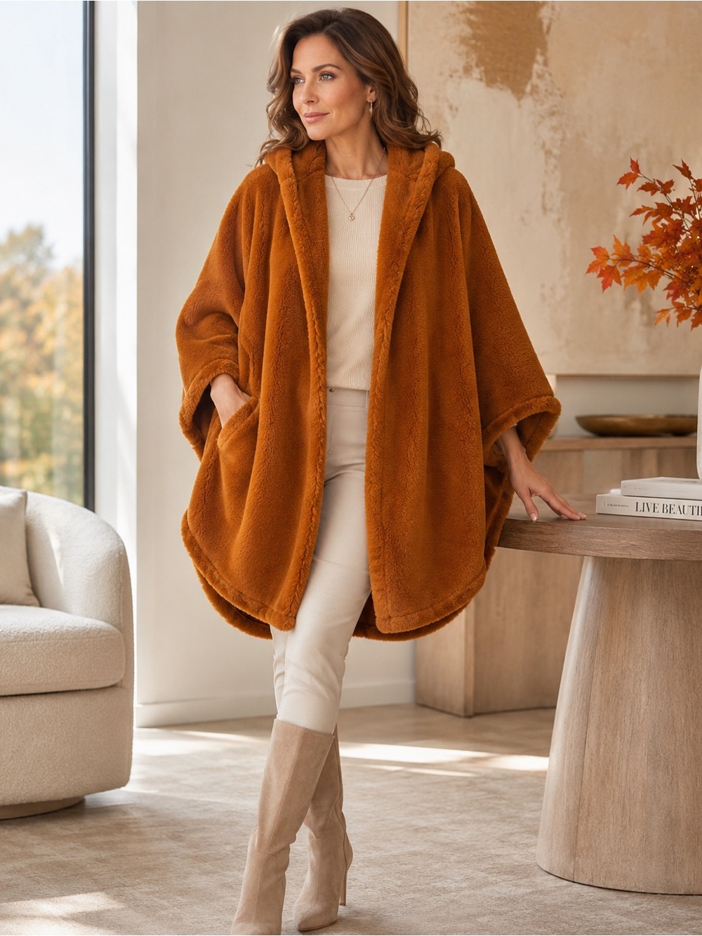 Plush Hooded Cape Coat in Rust